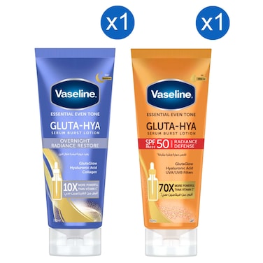 Vaseline Essential Even Tone Gluta-Hya Overnight Radiance Restore Serum Burst Lotion, 200ml + Vaseline Essential Even Tone Gluta-Hya Radiance Defense Serum Burst Lotion SPF50, 180ml