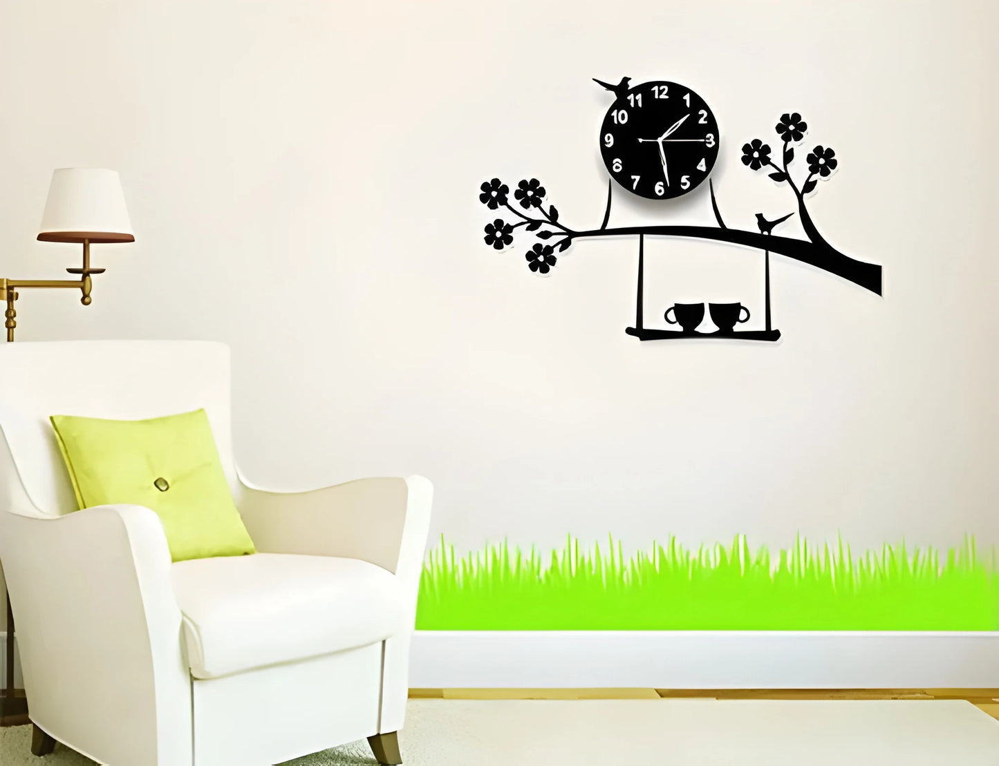 3d wall clock Birds on Tree with Coffee Cups Creative 3D DIY Wooden Wall Clock