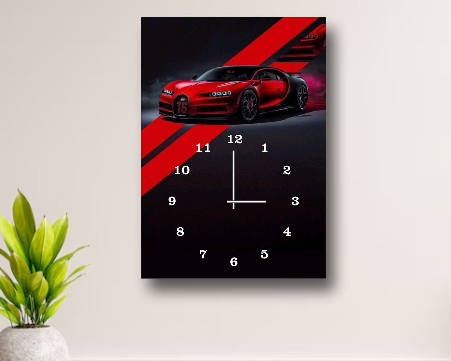 Luxury Sports Car Wall Clock – Bugatti Chiron Design, 12x16” Wooden Frame (Without Battery)