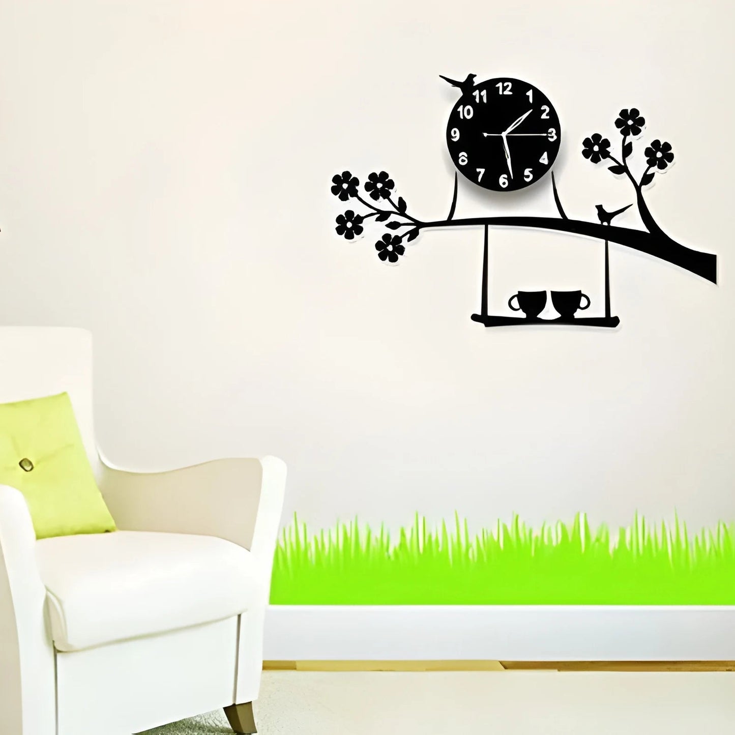3d wall clock Birds on Tree with Coffee Cups Creative 3D DIY Wooden Wall Clock