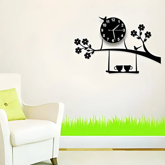 3d wall clock Birds on Tree with Coffee Cups Creative 3D DIY Wooden Wall Clock