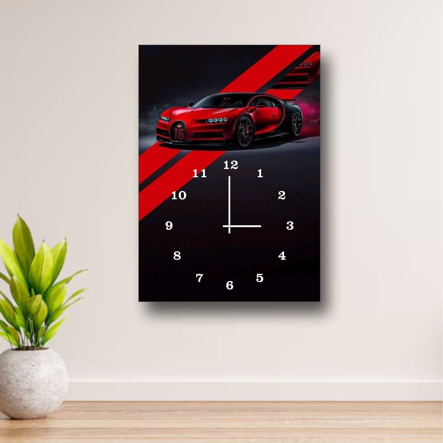 Luxury Sports Car Wall Clock – Bugatti Chiron Design, 12x16” Wooden Frame (Without Battery)