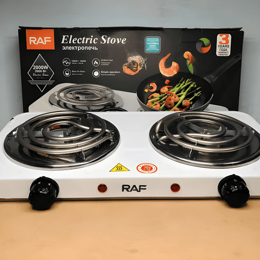 RAF Electric Stove—featuring dual 2000W coil burners, fast heating, and a compact design perfect for any kitchen setup.